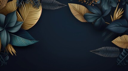 Beautiful luxury dark blue textured 3D background frame with golden and blue tropical leaves. Generative Ai