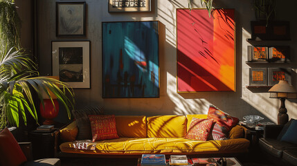 Eclectic Living Room with Bold Art and Dramatic Lighting