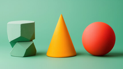 Geometric shapes in soft colors on a green background.