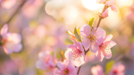 Fototapeta na wymiar Cherry blossoms bathed in soft golden light.