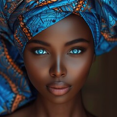 black skin dreamed smiled woman, hair with beautiful African turban, blue eyes