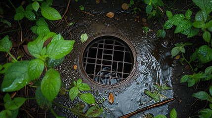 Rainwater swirling into a street drain.