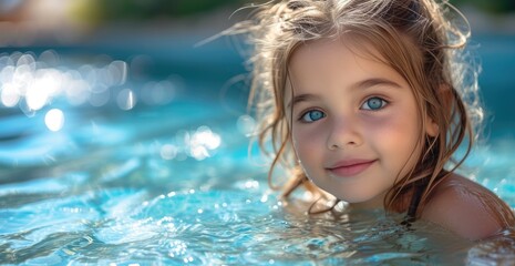 Fototapeta na wymiar Little smiling girl in the pool, side view