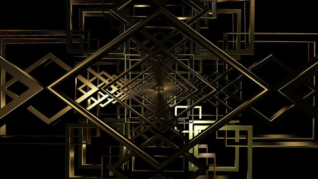 Abstract animated illustration of metal geometric shapes tunnel on black background