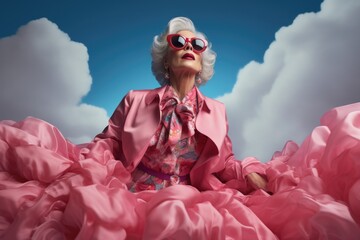 Pop art portrait of a senior woman in pink colour dresses and sunglasses against a cloudy sky...