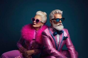 Portrait of a fashionable senior couple wearing colourful dresses and sunglasses