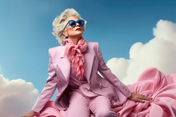 Pop art portrait of a senior woman in pink colour dresses and sunglasses against a cloudy sky...