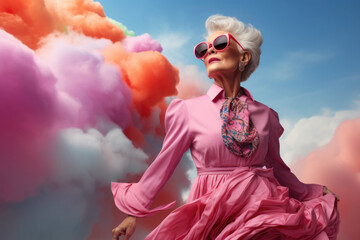 Pop art portrait of a senior woman in pink colour dresses and sunglasses against a cloudy sky background