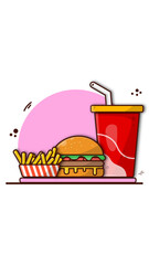 Illustration Burger, French Fries And Soda Cartoon Vector Icon.