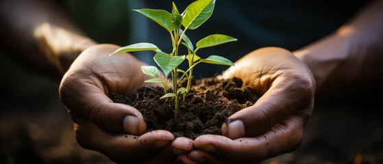 Fototapeta premium Elderly Hands Planting Basil Seedling