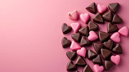 Pink heart-shaped candies on a pink background. Valentine's Day concept.