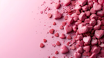 Pink heart-shaped candies on a pink background. Valentine's Day concept.