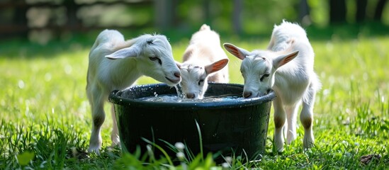Baby goats in summer drinking from a large black tub on green grass