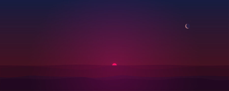 Astronomy sunset landscape. Wallpaper and background vector illustration