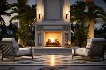 outdoor entertainment space with fireplace - obrazy, fototapety, plakaty
