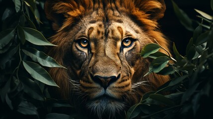 Close-up lion face glaring from behind a jungle forest leaf  