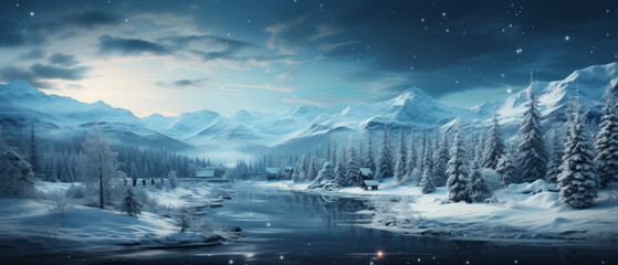 Enchanted Winter Night in Snowy Forest