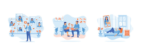 Handsome man visits online dating site via smart phone. Young couple sitting on chairs inside the house. Social media dating app. set flat vector modern illustration