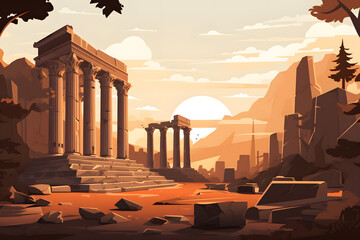 Ancient Greek temple ruins with statues and columns background