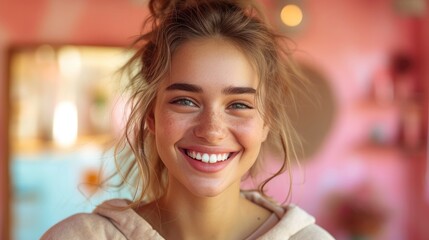 beauty girl, wearing sweatshirt, happy smiling face