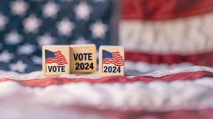 Wooden blocks with the American flag and the words "2024 VOTE" on an actual flag backdrop, symbolizing the upcoming US presidential election.