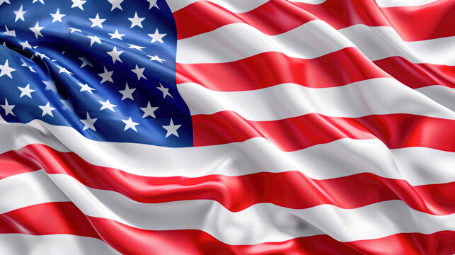 Close-up of the American flag waving with a dynamic and elegant flow, highlighting the stars and stripes in a display of patriotism.