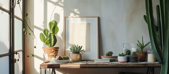 Scandinavian-style home decor with framed poster and cactus on table.