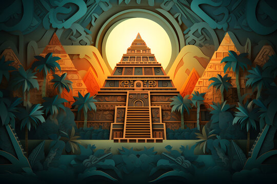 Ancient Mayan pyramids paper cut background