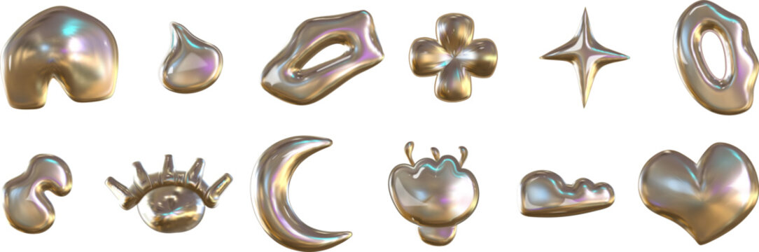 3d y2k chrome glossy silver element set. Abstract shape chrome metal render. Y2K form star, heart, flower. Vector illustration 3d render.