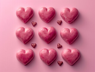 Fototapeta premium Pink heart-shaped candies on pink background, top view. Valentine's day background