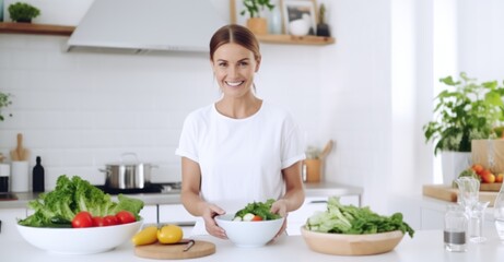 Obraz na płótnie Canvas Young woman joyfully preparing a healthy salad in a modern kitchen