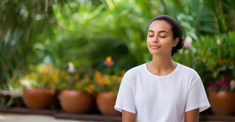 a women practicing mindfulness in a peaceful garden setting