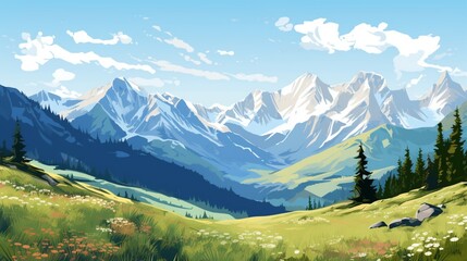 Fototapeta na wymiar A realistic vector-style representation of the French Pyrenees landscape, featuring rolling hills, majestic mountains, and a serene valley under a clear sky