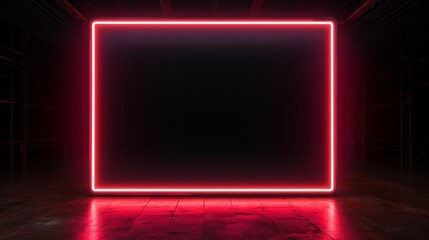 Fototapeta premium Neon rectangle. A huge neon sign in form of rectangle pointing right in huge empty dark space