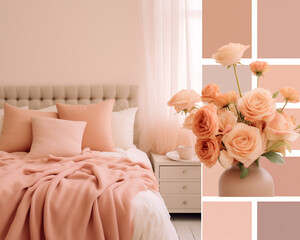 Warm Beige-Peach Palette Transformed in a Bedroom Interior: Creating a Cozy Haven with a Harmonious Blend of Soft Beige and Peach Tones, Infusing Tranquility and Elegance