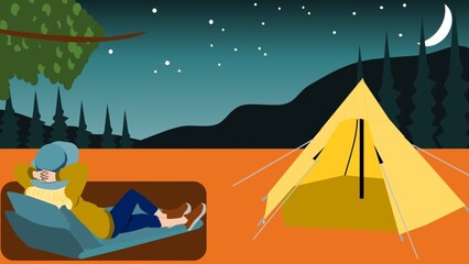 夜のキャンプ場でリラックスしながら夜景を楽しむ女性のイラスト
