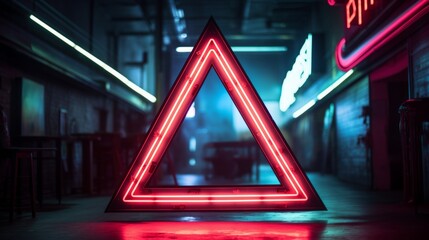 Neon triangle. A huge neon sign in form of triangle pointing right in huge empty dark space