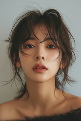 sweet Korean girl with medium length brown hair, looking frontally at the camera