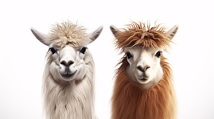 Fototapeta na wymiar Two alpaca heads on white background, close-up.