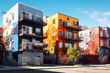 Fototapeta na wymiar Artistic Condo Buildings with Murals and Graffity