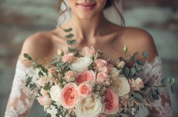 a bride in a beautiful bouquet in a lace wedding dress