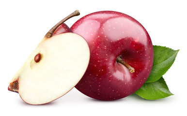 Red apple and green leaves isolated on white background
