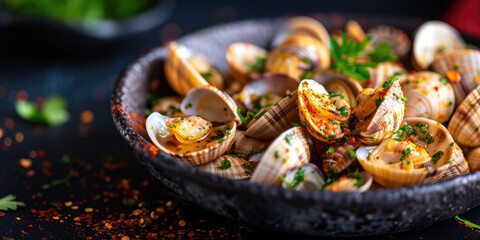 Obraz na płótnie Canvas a plate of grilled clams with an appetizing aroma of spices, Ai generated Images