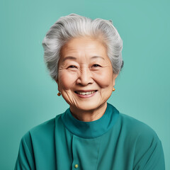 Happy elderly asian woman with short hair on teal color background. Smiles and feels happy. Pastel colors.