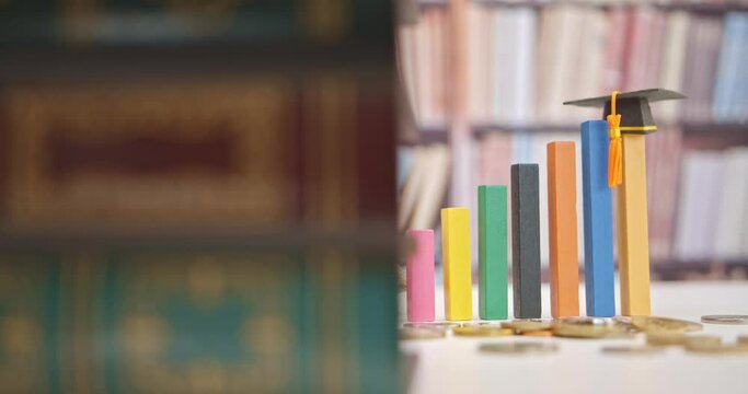 Student loan and financial decision-making, financial literacy concept : Graduation cap, dollar bag, coins on a table. Financial literacy is the ability to understand and make use of financial skills.