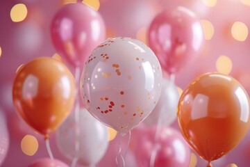 gold, pink, white and orange balloons with a background in the background
