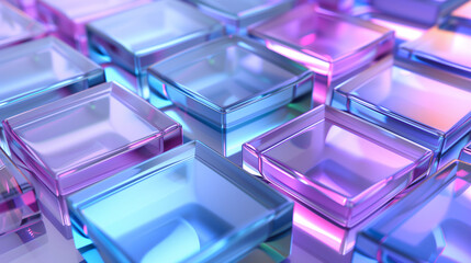 正方形のガラスの3Dモデル。背景画像_青紫色
3D model of glass squares. Chromatic sculpture. Purple and Blue based wallpaper background [Generative AI]