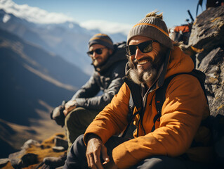 Fototapeta premium Portrait of hikers at the top of the mountain with a beautiful view of the cloudy blue sky