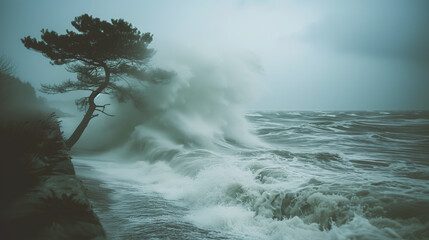 Massive wave crashing against a tree on shore.