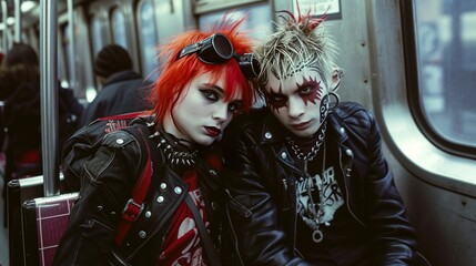 A couple of teenagers dressed as punks ride the subway in city